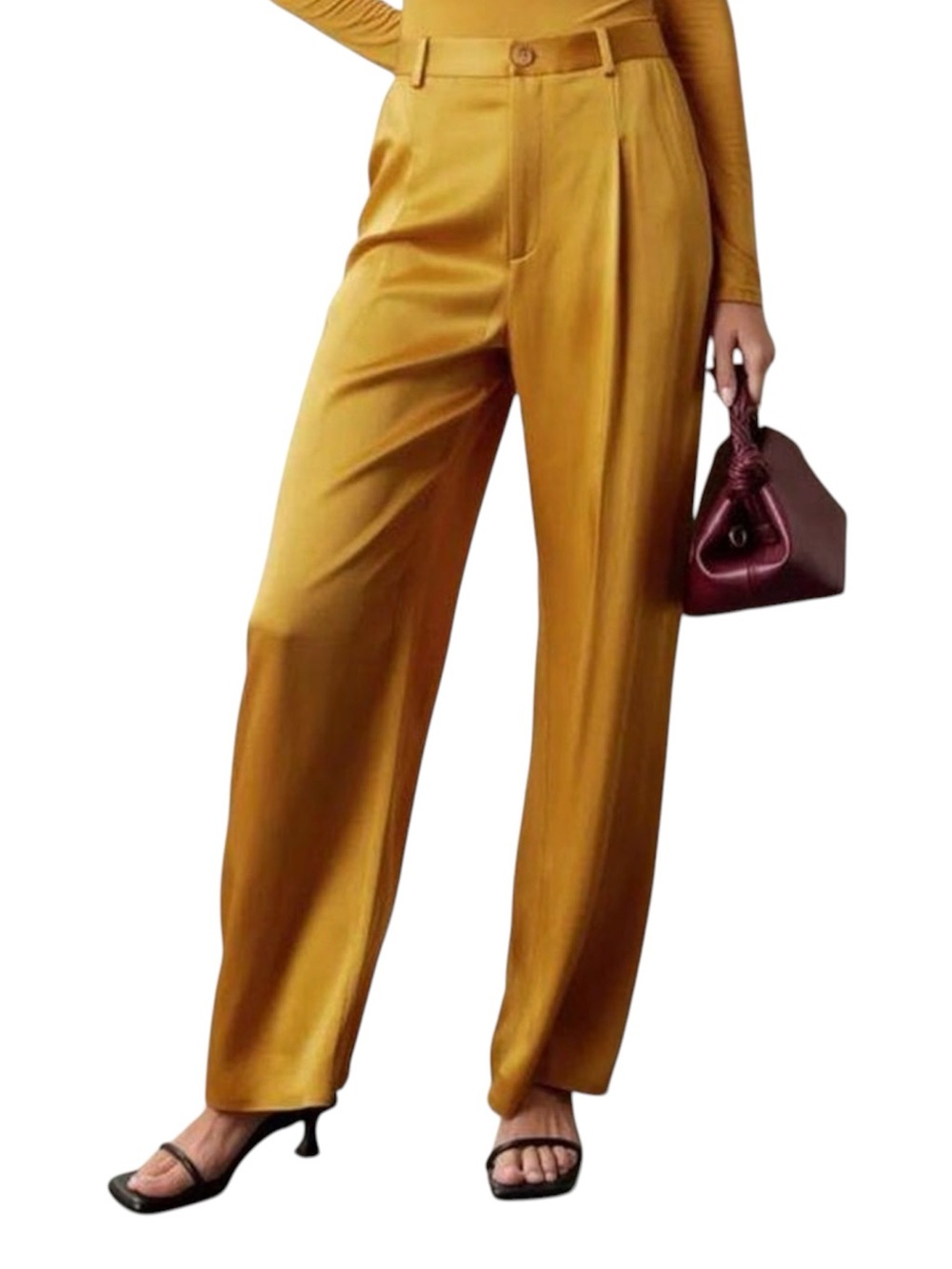 LAPOINTE Women’s Yellow Gold Satin Pleated Wide Leg Zip Front Pants- Size 14